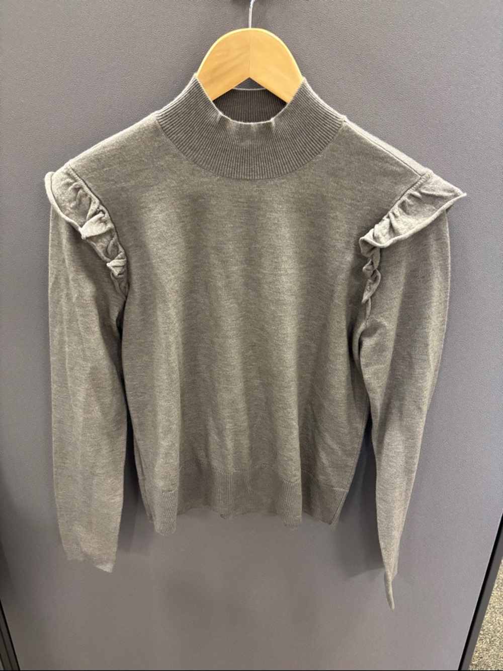 LOFT Tan Ruffle-Shoulder Mock Neck Sweater